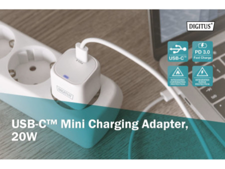 DIGITUS Mini Adaptateur de charge USB-C, 20 watts, blanc