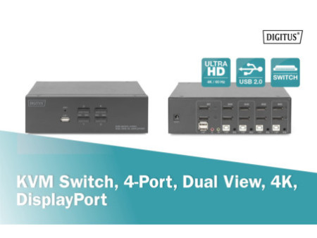 DIGITUS Commutateur KVM, 4 ports, double affichage, 4K