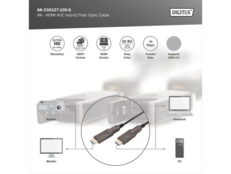DIGITUS Câble optique hybride actif AOC HDMI, 4K, noir, 10 m