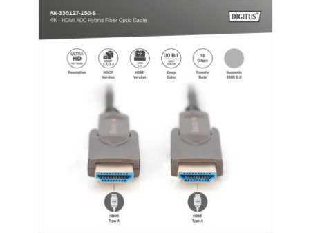 DIGITUS Câble optique hybride actif AOC HDMI, 4K, noir, 15 m