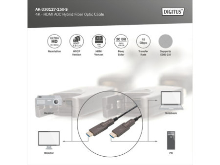 DIGITUS Câble optique hybride actif AOC HDMI, 4K, noir, 15 m