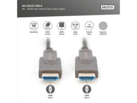 DIGITUS Câble optique hybride actif AOC HDMI, 4K, noir, 20 m