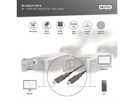 DIGITUS Câble optique hybride actif AOC HDMI, 4K, noir, 20 m