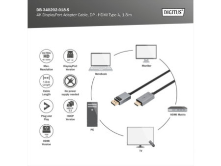 DIGITUS Câble adaptateur DisplayPort 4K DP - HDMI type A