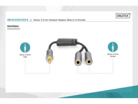 DIGITUS Adaptateur casque audio, jack mâle 3,5 mm, noir/gris