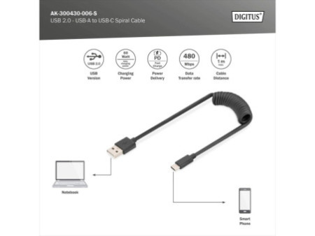 DIGITUS Câble spiralé USB 2.0, USB-A - USB-C, 1,0 m