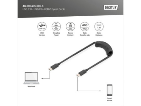 DIGITUS Câble spiralé USB 2.0, USB-C - USB-C, 1,0 m