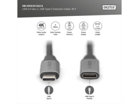 DIGITUS Câble d'extension USB 3.0 Gen.1, USB-C, 1,0 m
