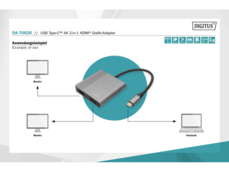 DIGITUS Adaptateur graphique, USB-C - HDMI 2-en-1