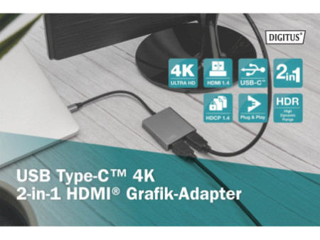 DIGITUS Adaptateur graphique, USB-C - HDMI 2-en-1