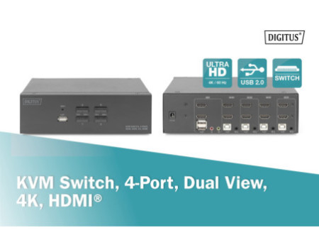 DIGITUS Commutateur KVM, 4 ports, double affichage, 4K, HDMI