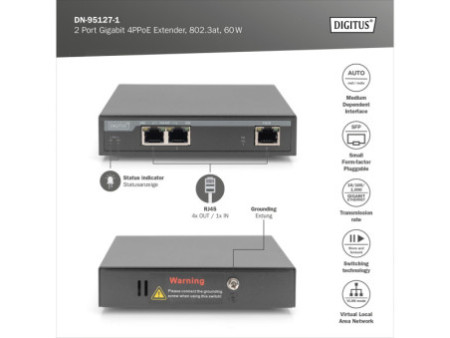 DIGITUS Extenseur intérieur Gigabit 4PPoE, 2 ports, 802.3at