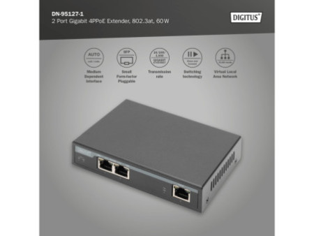 DIGITUS Extenseur intérieur Gigabit 4PPoE, 2 ports, 802.3at
