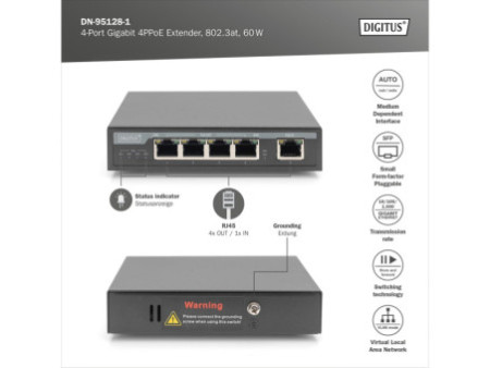 DIGITUS Extenseur Gigabit 4PPoE intérieur, 4 ports, 802.3at