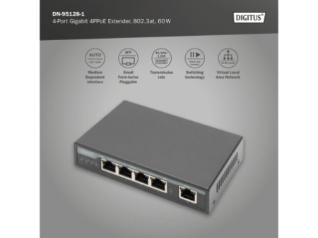 DIGITUS Extenseur Gigabit 4PPoE intérieur, 4 ports, 802.3at