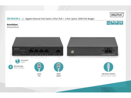 DIGITUS Commutateur Gigabit Ethernet PoE 4 ports