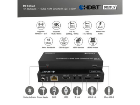 DIGITUS Kit d'extension KVM HDMI 4K HD BaseT, 150 m