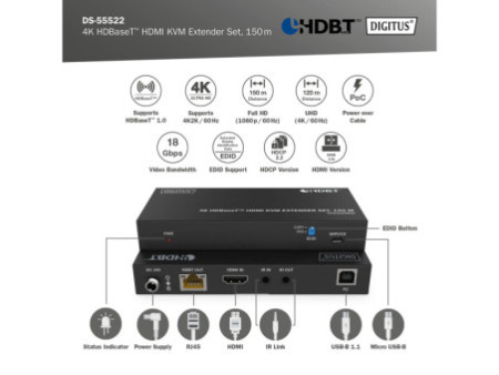 DIGITUS Kit d'extension KVM HDMI 4K HD BaseT, 150 m
