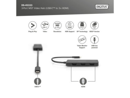 DIGITUS Hub vidéo MST, 3 ports, USB-C - 3x HDMI, noir