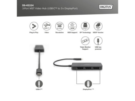 DIGITUS Hub vidéo MST, 3 ports, USB-C - 3x DisplayPort