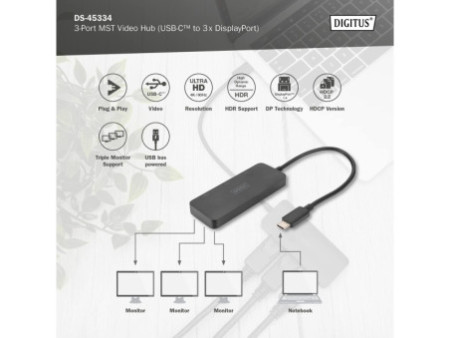 DIGITUS Hub vidéo MST, 3 ports, USB-C - 3x DisplayPort