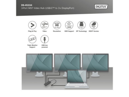 DIGITUS Hub vidéo MST, 3 ports, USB-C - 3x DisplayPort