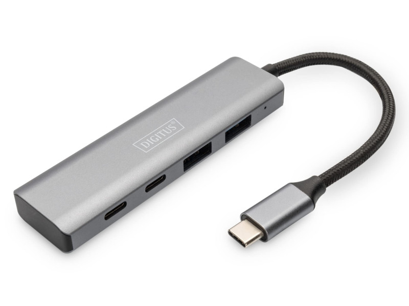 DIGITUS Hub USB-C, 4 ports, 2x USB A + 2x USB-C, gris foncé