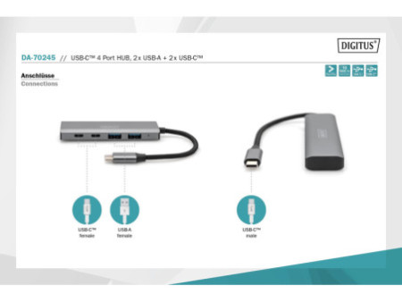 DIGITUS Hub USB-C, 4 ports, 2x USB A + 2x USB-C, gris foncé