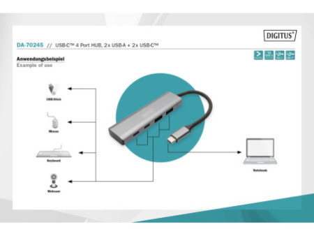 DIGITUS Hub USB-C, 4 ports, 2x USB A + 2x USB-C, gris foncé