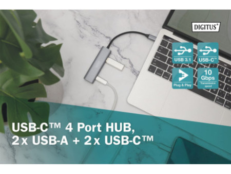 DIGITUS Hub USB-C, 4 ports, 2x USB A + 2x USB-C, gris foncé
