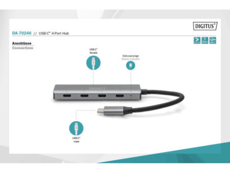 DIGITUS Hub USB-C, 4 ports, 4x USB C 3.1 Gen 1, gris foncé