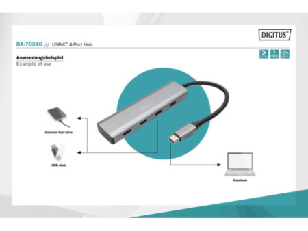 DIGITUS Hub USB-C, 4 ports, 4x USB C 3.1 Gen 1, gris foncé