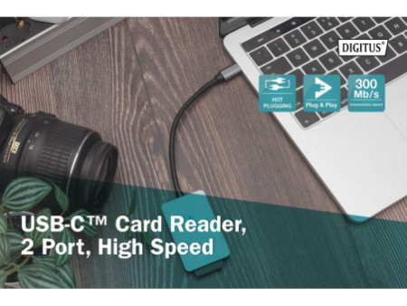 DIGITUS Lecteur de carte USB-C High Speed, 2 ports, gris