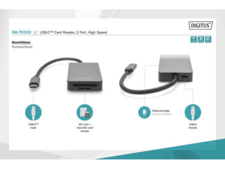 DIGITUS Lecteur de carte USB-C High Speed, 2 ports, gris