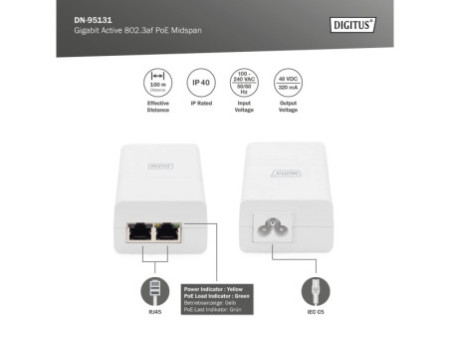 DIGITUS Injecteur Gigabit Ethernet PoE 802.3af, 100 m