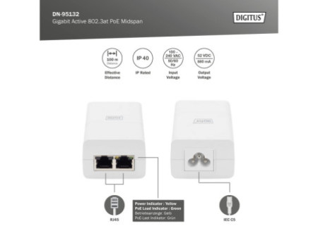 DIGITUS Injecteur Gigabit Ethernet PoE+ 802.3at, 100 m