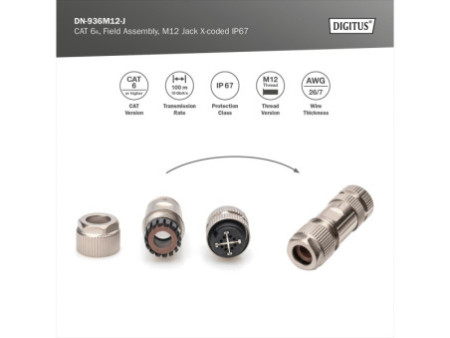DIGITUS Connecteur M12 femelle à codage x, cat.6A, IP67