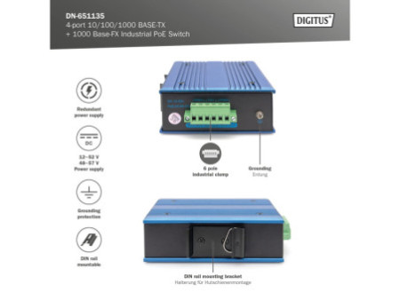 DIGITUS Commutateur industriel Gigabit Ethernet PoE Switch