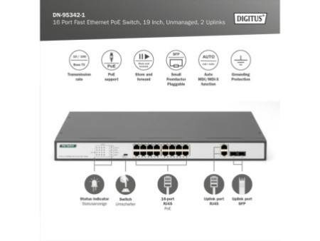 DIGITUS Commutateur 19' Fast Ethernet PoE, 16 ports