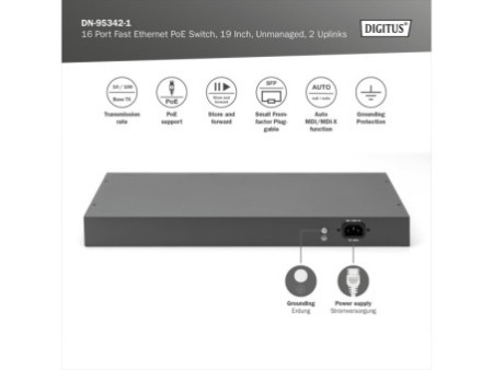 DIGITUS Commutateur 19' Fast Ethernet PoE, 16 ports