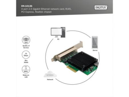 DIGITUS Carte réseau PCI Express Gigabit Ethernet, 4 ports