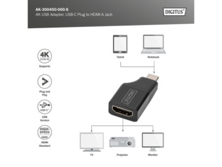 DIGITUS Adaptateur USB 4K, USB-C mâle - HDMI A/B femelle