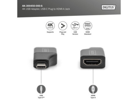 DIGITUS Adaptateur USB 4K, USB-C mâle - HDMI A/B femelle