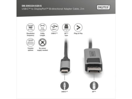 DIGITUS Câble adaptateur bidirectionnel USB type C - DP, 2 m