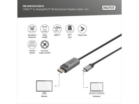 DIGITUS Câble adaptateur bidirectionnel USB type C - DP, 2 m
