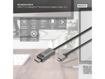 DIGITUS Câble adaptateur bidirectionnel USB type C - DP, 2 m