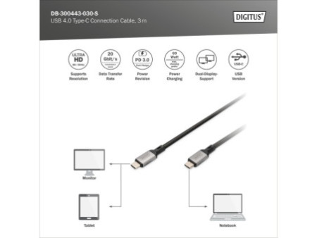 DIGITUS Câble de raccordement USB 4.0, USB-C - USB-C, 3,0 m