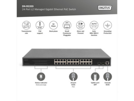 DIGITUS Switch PoE Gigabit Ethernet 19' 24 ports, manageable