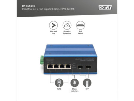 DIGITUS Switch industriel PoE Gigabit Ethernet, 4+2 ports