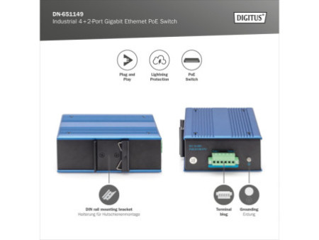 DIGITUS Switch industriel PoE Gigabit Ethernet, 4+2 ports